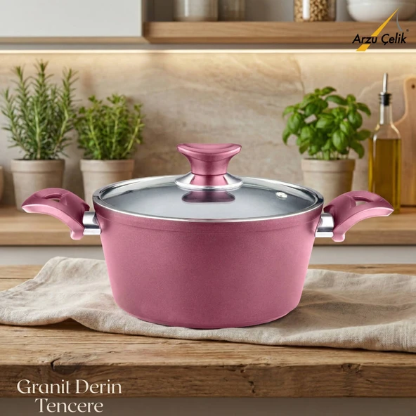 ARZU ÇELİK 24 Cm Granit Derin Tencere Cam Kapak - Mürdüm ürün görseli 1