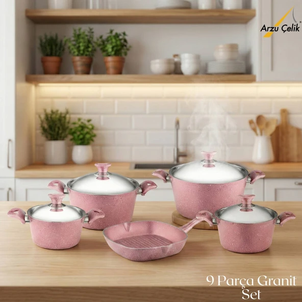 ARZU ÇELİK 9 Parça Granit Set Çelik Kapak - Pembe ürün görseli 1