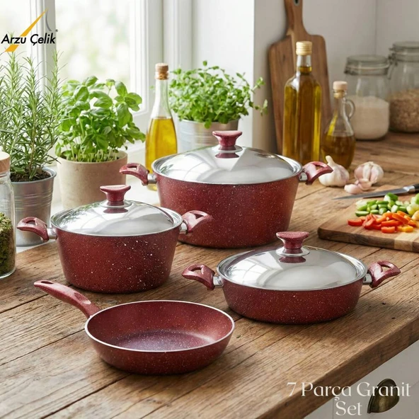 ARZU ÇELİK 7 Parça Granit Set Çelik Kapak - Kırmızı ürün görseli 1