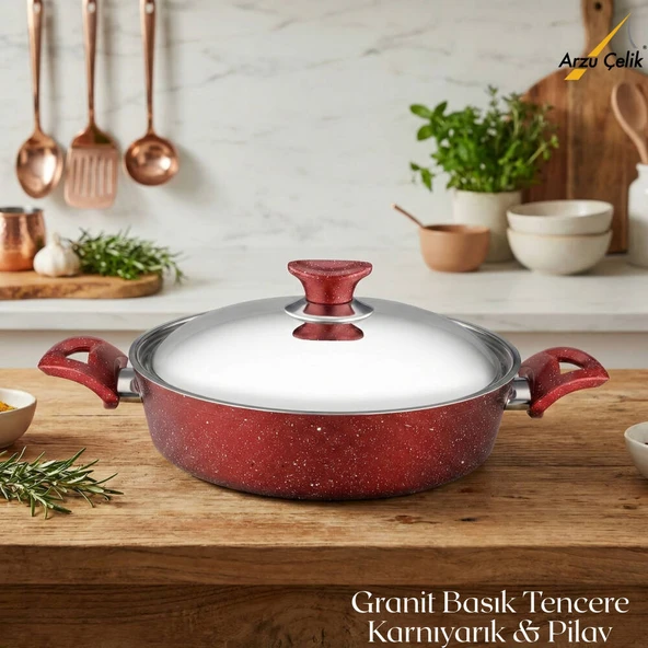 ARZU ÇELİK 26 Cm Granit Karnıyarık & Pilav Tenceresi Çelik Kapak - Kırmızı ürün görseli 1