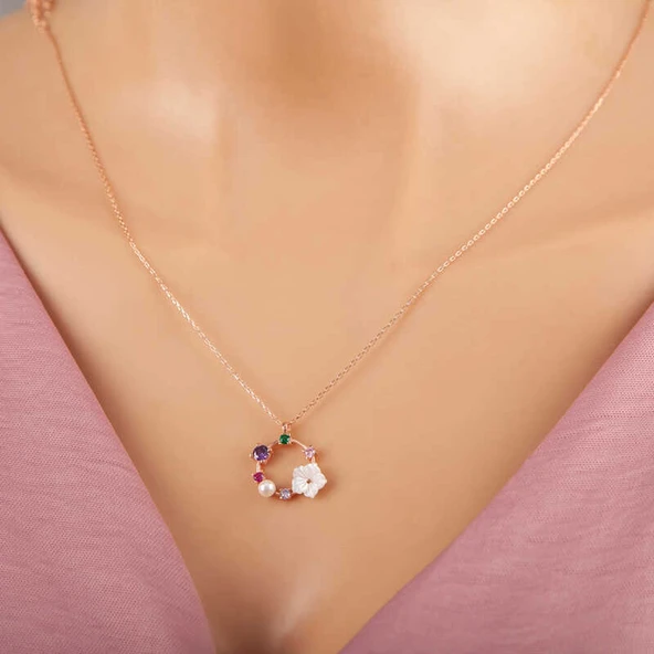 Norino 925 Ayar Gümüş Rose Renkli Taşlı Manolya Çiçeği Kadın Kolye ürün görseli 1