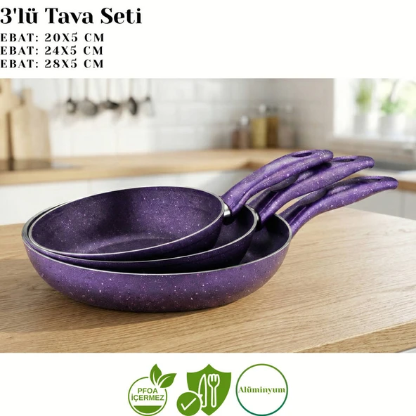 ARZU ÇELİK 3lü Granit Tek Saplı Tava Seti - Violet - Resim 2