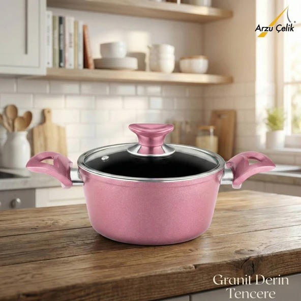 ARZU ÇELİK 20 Cm Granit Derin Tencere Cam Kapak - Mürdüm ürün görseli 1