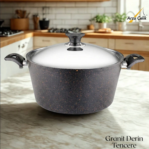 ARZU ÇELİK 28 Cm Granit Derin Tencere Çelik Kapak - Siyah ürün görseli 1