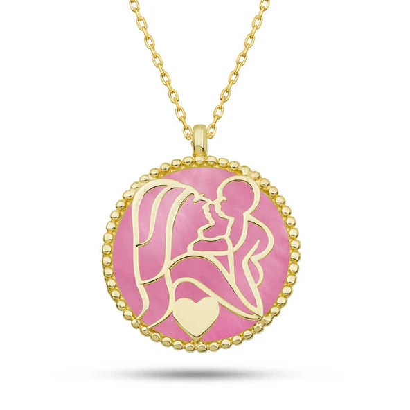 Norino Gümüş Gold Pembe Sedef Taşlı Anne Çocuk Sevgisi Kolye ürün görseli 1