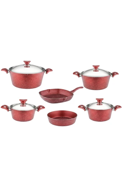 ARZU ÇELİK 10 Parça Granit Set Çelik Kapak - Kırmızı - Resim 8