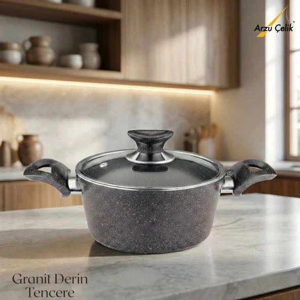 ARZU ÇELİK 20 Cm Granit Derin Tencere Cam Kapak - Siyah ürün görseli 1