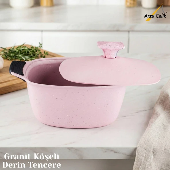 KATRE 24 Cm Granit Köşeli Derin Tencere Alüminyum Kapak - Pembe ürün görseli 1