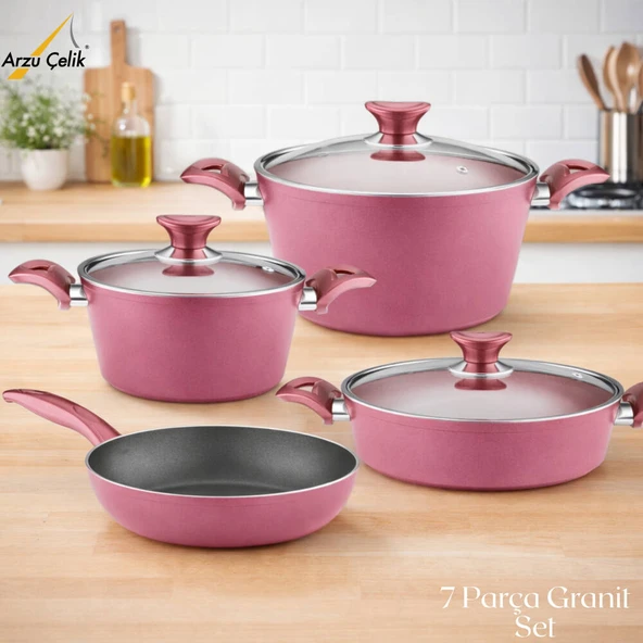 ARZU ÇELİK 7 Parça Granit Set Cam Kapak - Mürdüm ürün görseli 1
