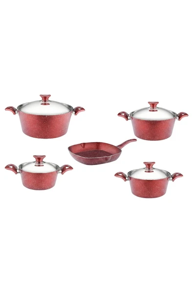 ARZU ÇELİK 9 Parça Granit Set Çelik Kapak - Kırmızı - Resim 7