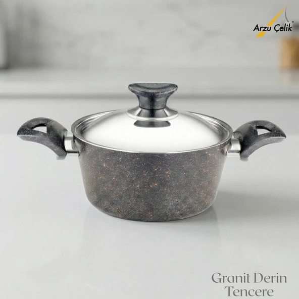 ARZU ÇELİK 18 Cm Granit Derin Tencere Çelik Kapak - Siyah ürün görseli 1