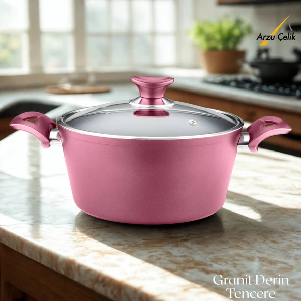 ARZU ÇELİK 28 Cm Granit Derin Tencere Cam Kapak - Mürdüm ürün görseli 1