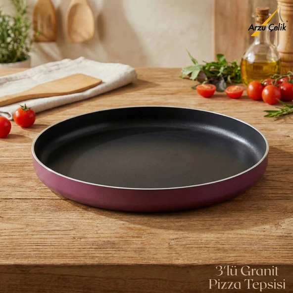 ARZU ÇELİK 3lü  Granit Pizza Tepsisi Seti - Mürdüm ürün görseli 1