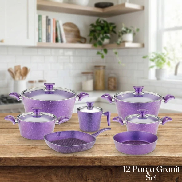 ARZU ÇELİK 12 Parça Granit Set Cam Kapak - Violet ürün görseli 1