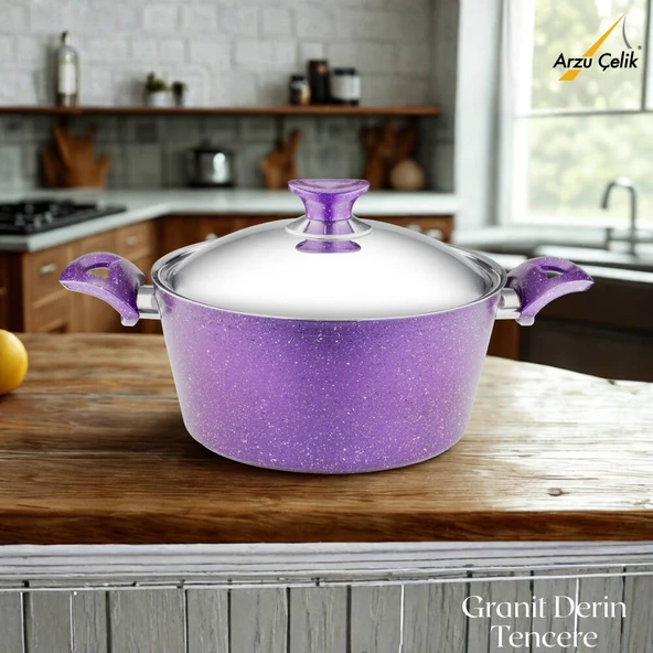 ARZU ÇELİK 24 Cm Granit Derin Tencere Çelik Kapak - Violet ürün görseli 1