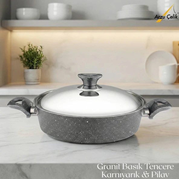 ARZU ÇELİK 28 Cm Granit Karnıyarık & Pilav Tenceresi Çelik Kapak - Gri ürün görseli 1