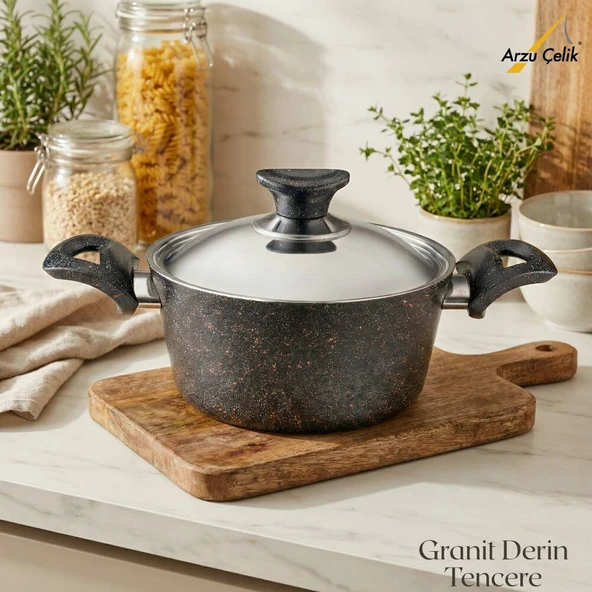 ARZU ÇELİK 20 Cm Granit Derin Tencere Çelik Kapak - Siyah ürün görseli 1
