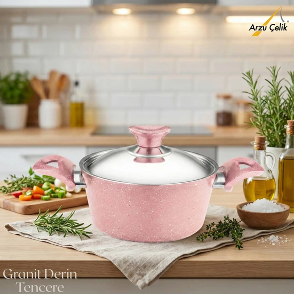 ARZU ÇELİK 20 Cm Granit Derin Tencere Çelik Kapak - Pembe ürün görseli 1