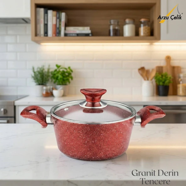 ARZU ÇELİK 18 Cm Granit Derin Tencere Cam Kapak - Kırmızı ürün görseli 1