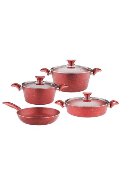 ARZU ÇELİK 7 Parça Granit Set Cam Kapak - Kırmızı - Resim 6