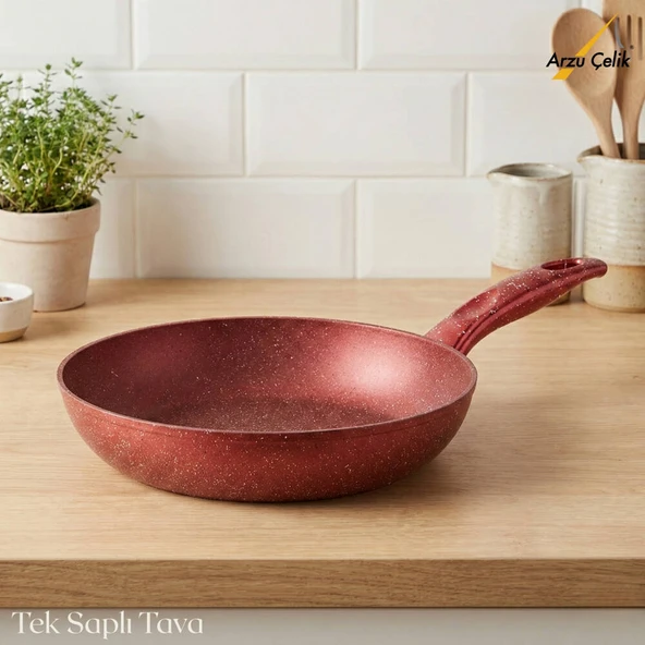 ARZU ÇELİK 26 Cm Granit Tek Saplı Tava - Kırmızı ürün görseli 1