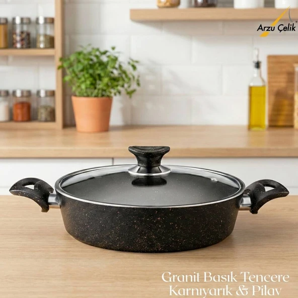 ARZU ÇELİK 26 Cm Granit Karnıyarık & Pilav Tenceresi Cam Kapak - Siyah ürün görseli 1