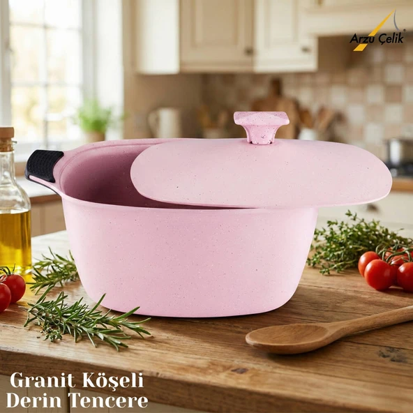 KATRE 28 Cm Granit Köşeli Derin Tencere Alüminyum Kapak - Pembe ürün görseli 1
