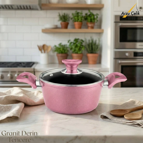ARZU ÇELİK 18 Cm Granit Derin Tencere Cam Kapak - Mürdüm ürün görseli 1