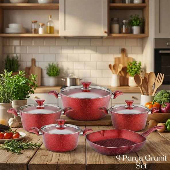 ARZU ÇELİK 9 Parça Granit Set Cam Kapak - Kırmızı ürün görseli 1