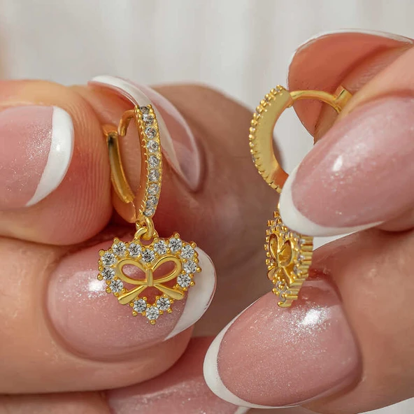 Norino Gümüş Gold Kalp Kurdele Sallantılı Kadın Küpe ürün görseli 1