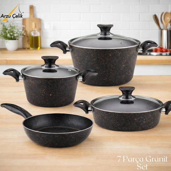ARZU ÇELİK 7 Parça Granit Set Cam Kapak - Siyah ürün görseli 1
