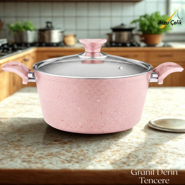 ARZU ÇELİK 28 Cm Granit Derin Tencere Cam Kapak - Pembe ürün görseli 1