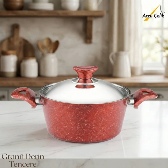 ARZU ÇELİK 20 Cm Granit Derin Tencere Çelik Kapak - Kırmızı ürün görseli 1
