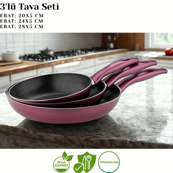 ARZU ÇELİK 3lü Granit Tek Saplı Tava Seti - Mürdüm - Resim 2