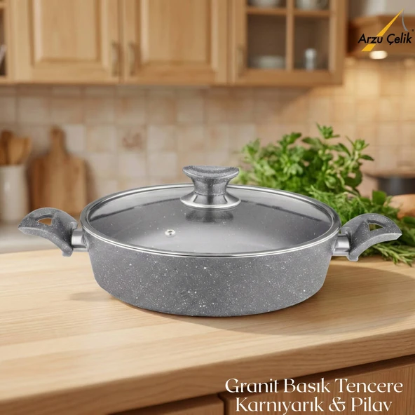 ARZU ÇELİK 28 Cm Granit Karnıyarık & Pilav Tenceresi Cam Kapak - Gri ürün görseli 1