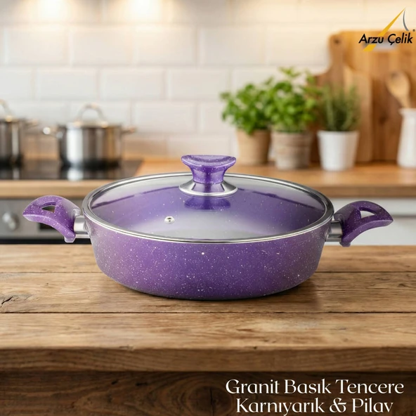 ARZU ÇELİK 26 Cm Granit Karnıyarık & Pilav Tenceresi Cam Kapak - Violet ürün görseli 1