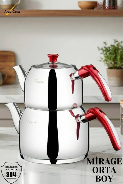 ELEGANT Mirage Orta Boy Bakalit Kulplu Çaydanlık Takımı - İnsörtlü Kırmızı ürün görseli 1