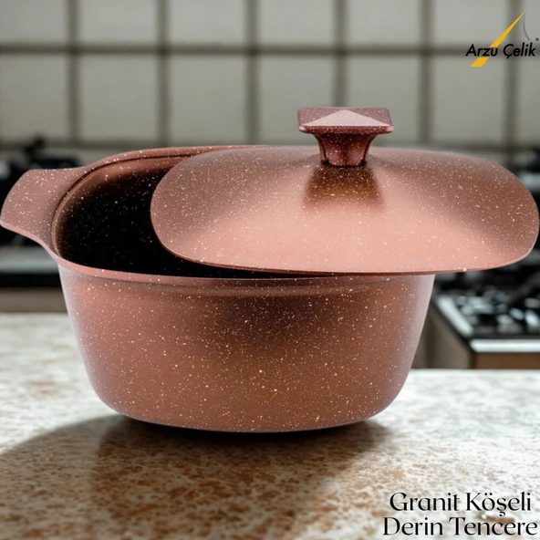 KATRE 28 Cm Granit Köşeli Derin Tencere Alüminyum Kapak - Koyu Bakır ürün görseli 1