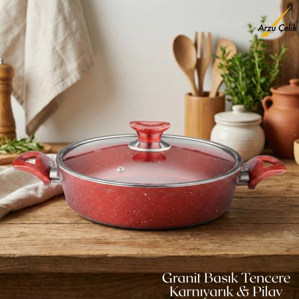 ARZU ÇELİK 26 Cm Granit Karnıyarık & Pilav Tenceresi Cam Kapak - Kırmızı ürün görseli 1