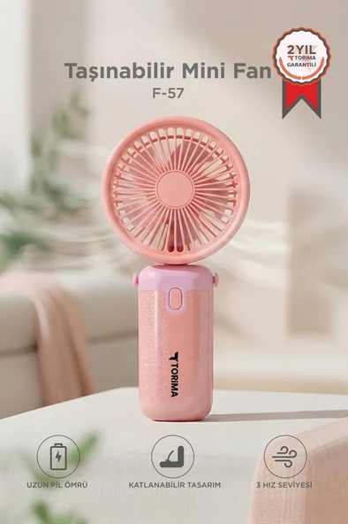 Şarjlı El Vantilatörü Masaüstü Stantlı 3 Kademeli Taşınabilir Mini Fan F57 Pembe ürün görseli 1