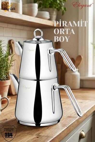 ELEGANT Piramit Orta Boy Çelik Kulplu Çaydanlık Takımı ürün görseli 1