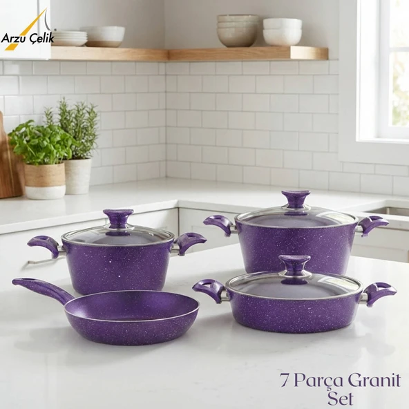 ARZU ÇELİK 7 Parça Granit Set Cam Kapak - Violet ürün görseli 1