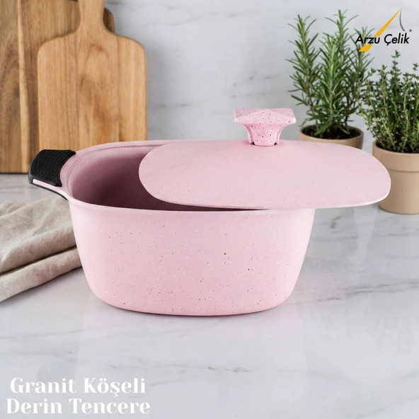 KATRE 22 Cm Granit Köşeli Derin Tencere Alüminyum Kapak - Pembe ürün görseli 1