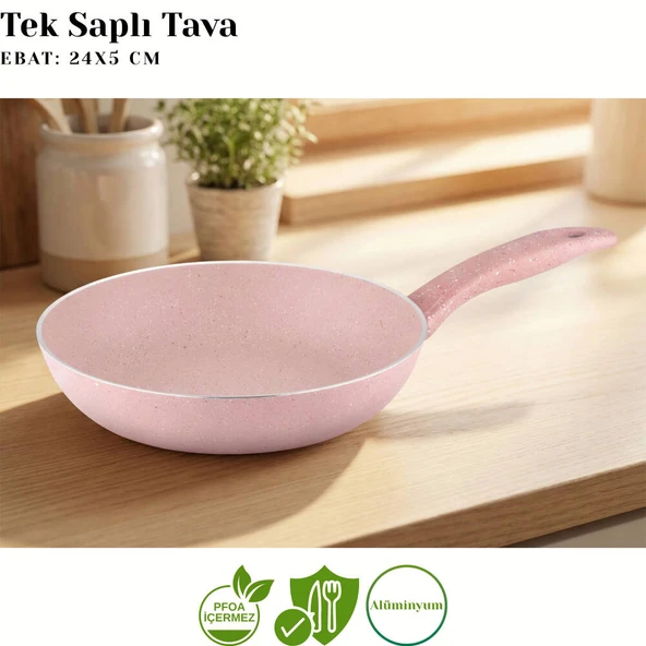 ARZU ÇELİK 24 Cm Granit Tek Saplı Tava - Pembe - Resim 3