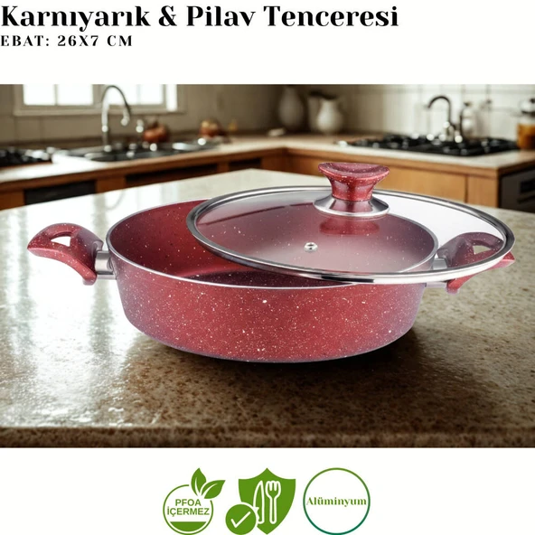 ARZU ÇELİK 7 Parça Granit Set Cam Kapak - Kırmızı - Resim 4