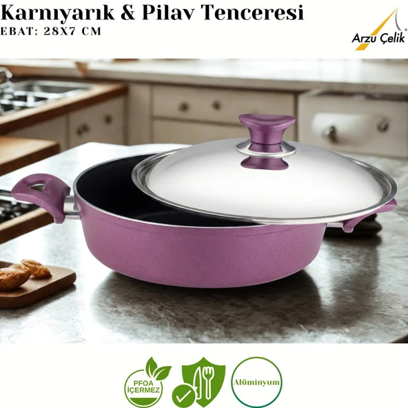 ARZU ÇELİK 28 Cm Granit Karnıyarık & Pilav Tenceresi Çelik Kapak - Mürdüm ürün görseli 1