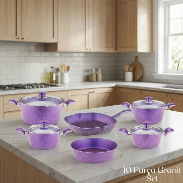ARZU ÇELİK 10 Parça Granit Set Cam Kapak - Violet ürün görseli 1