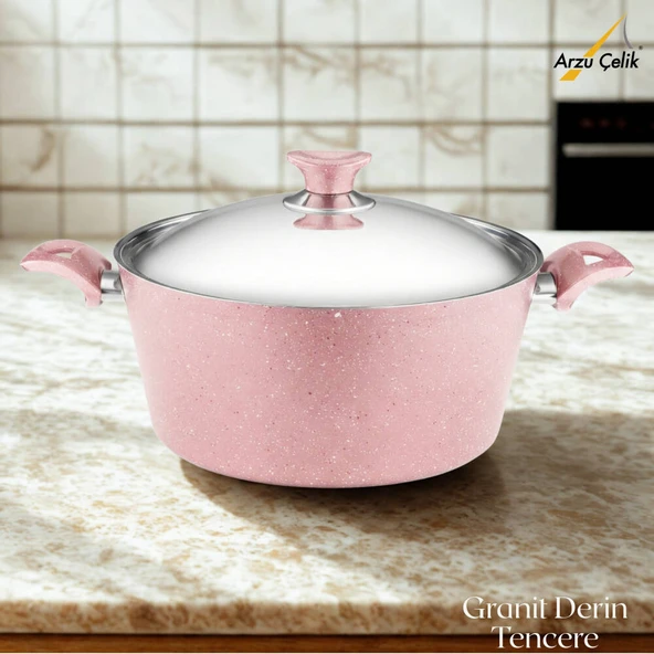 ARZU ÇELİK 28 Cm Granit Derin Tencere Çelik Kapak - Pembe ürün görseli 1