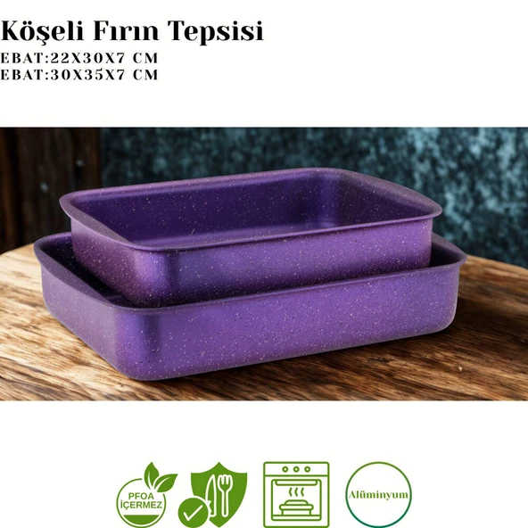 ARZU ÇELİK 2li Granit Köşeli Tepsi Seti - Violet - Resim 2