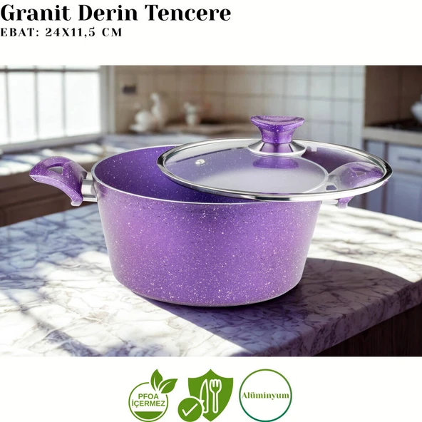 ARZU ÇELİK 12 Parça Granit Set Cam Kapak - Violet - Resim 3